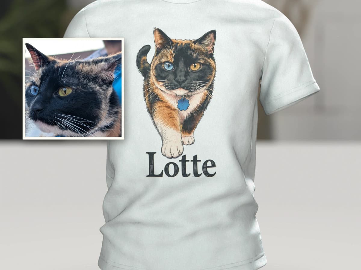 Front left, the photo of a tortoiseshell cat with one blue and one yellow eye; behind it, a light T-shirt with the same cat as a drawing, a blue tag on her chest and the name Lotte below