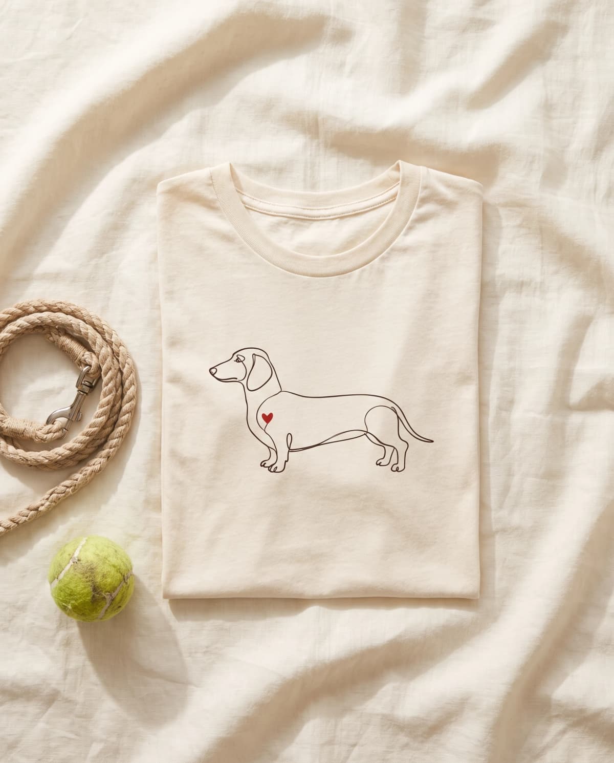 Cremefarbenes T-Shirt mit Dackel-Line-Art-Print, daneben Hundeleine und Tennisball