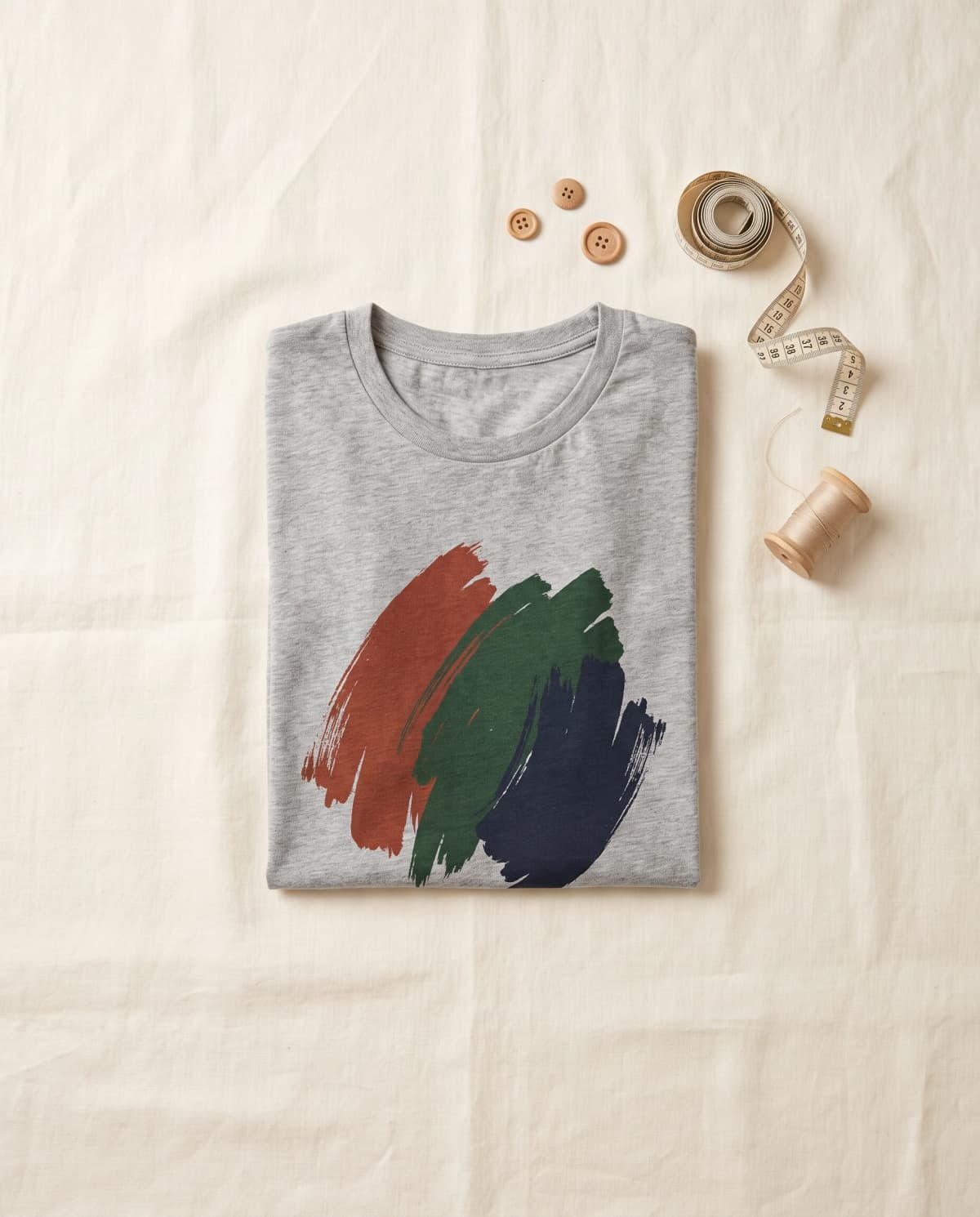 Graumeliertes T-Shirt mit abstraktem Pinselstrich-Print, daneben Holzknöpfe, Maßband und Garn