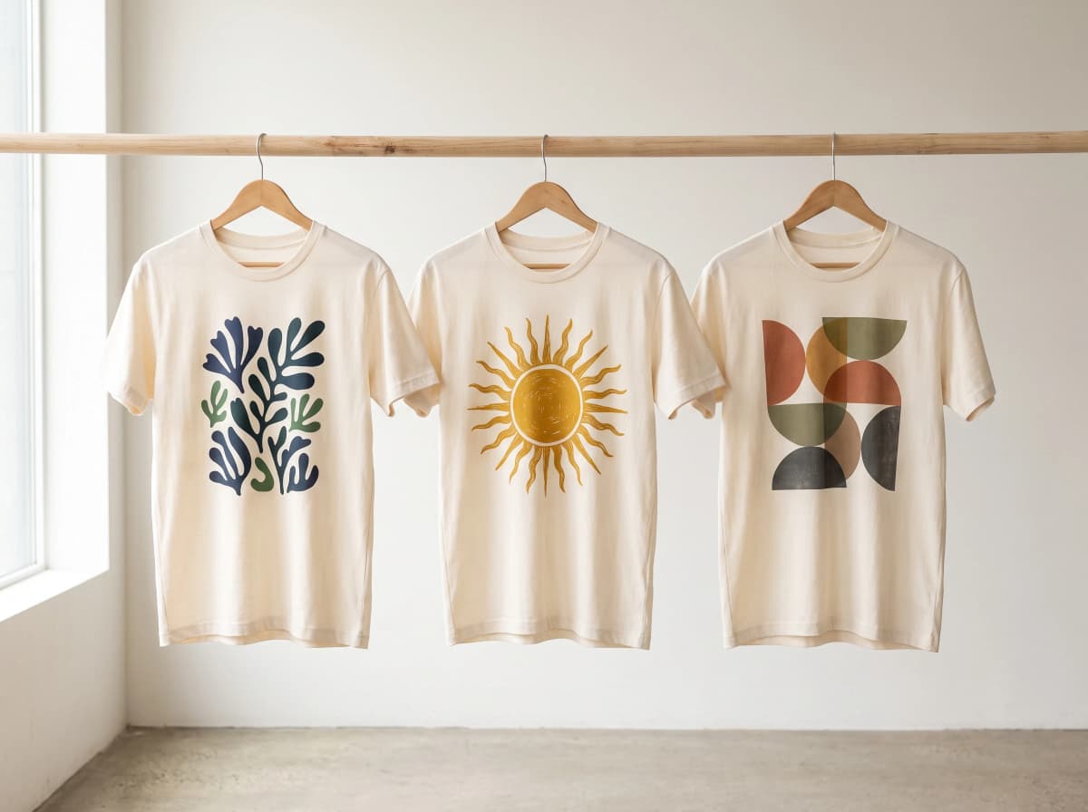 Drei T-Shirts mit unterschiedlichen abstrakten Motiven (Matisse-Pflanze, gezeichnete Sonne, geometrische Bögen) an einer Atelierwand