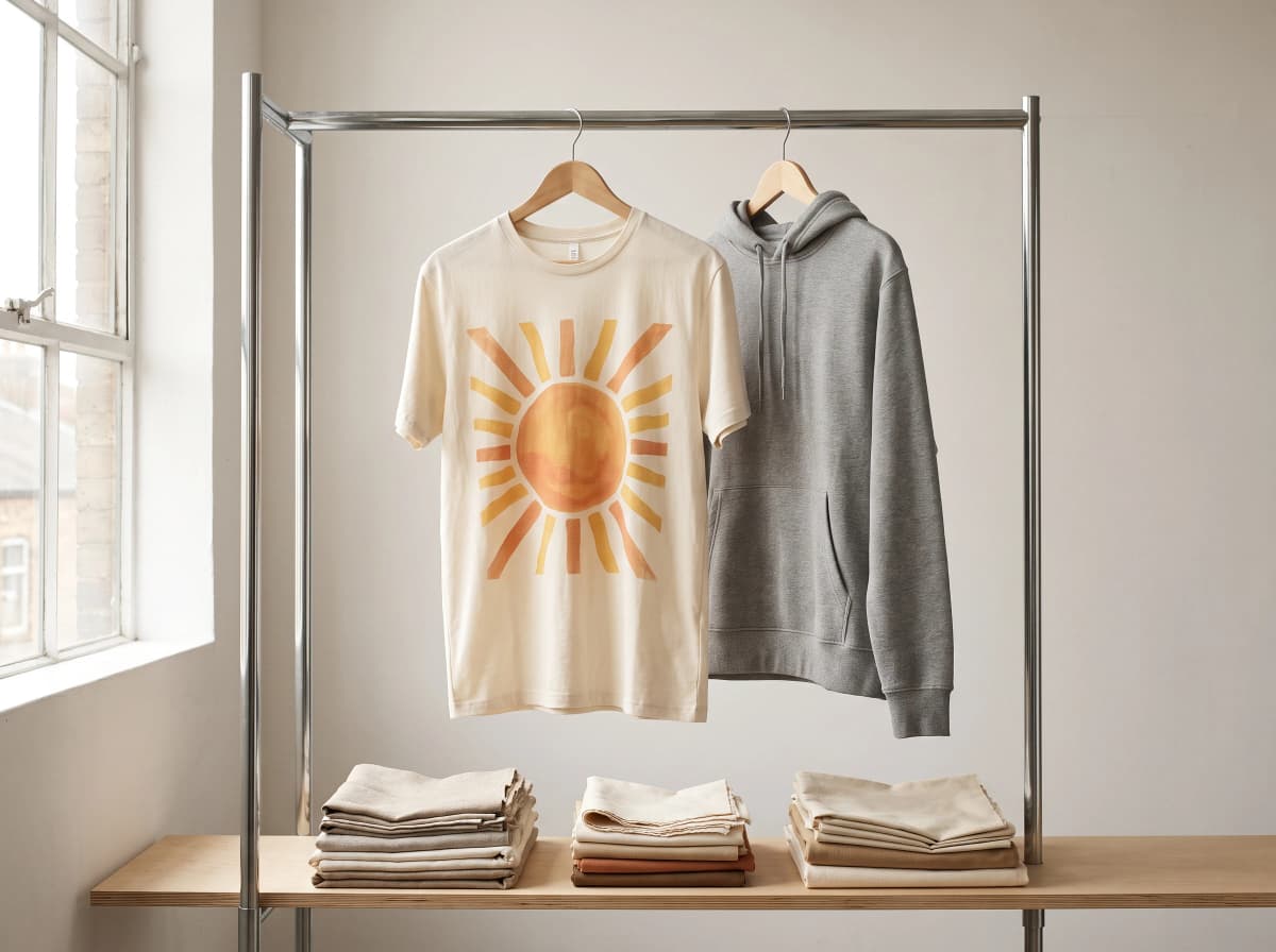Kleiderstange mit Sonnen-Motiv-Shirt und grauem Hoodie, gefaltete Stoffe auf dem Regal darunter