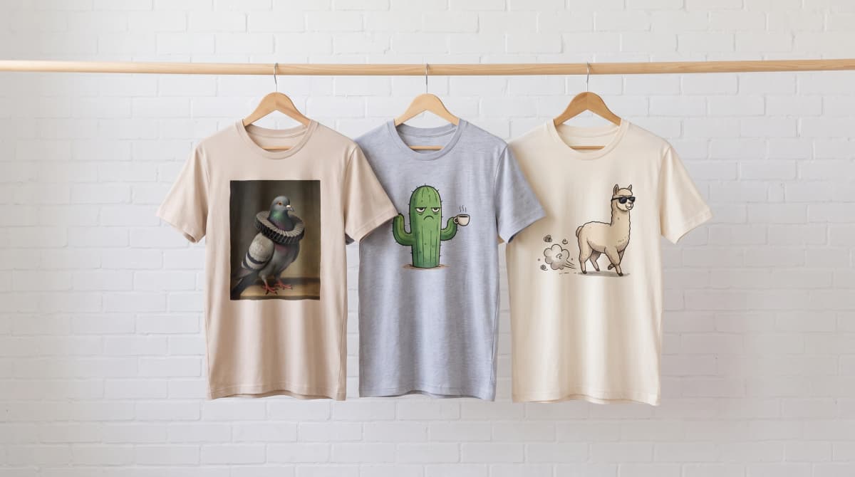 Drei T-Shirts mit unterschiedlichen lustigen Motiven (Renaissance-Taube, mürrischer Kaktus, Alpaka mit Sonnenbrille) an einer weißen Backsteinwand