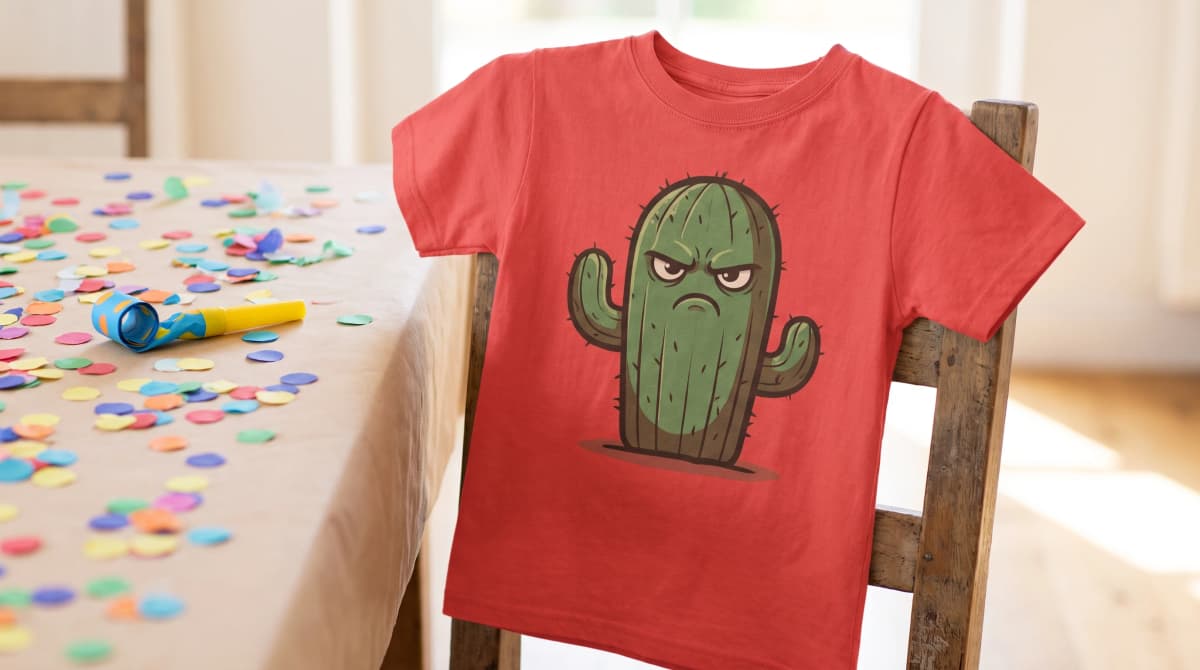 Korallenrotes Shirt mit mürrischem Kaktus-Print auf einem Holzstuhl am Partytisch mit Konfetti
