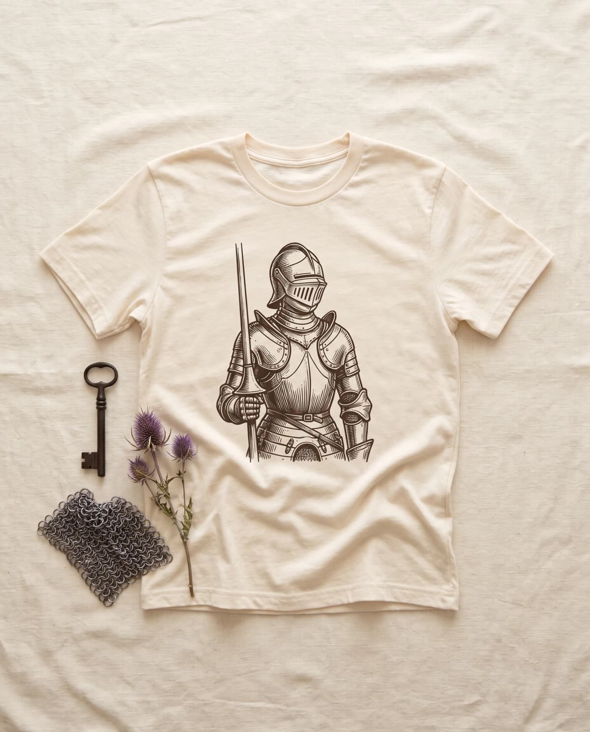 Cremefarbenes T-Shirt mit Ritter-Holzschnitt-Print, daneben Kettenhemd, alter Schlüssel und Distel
