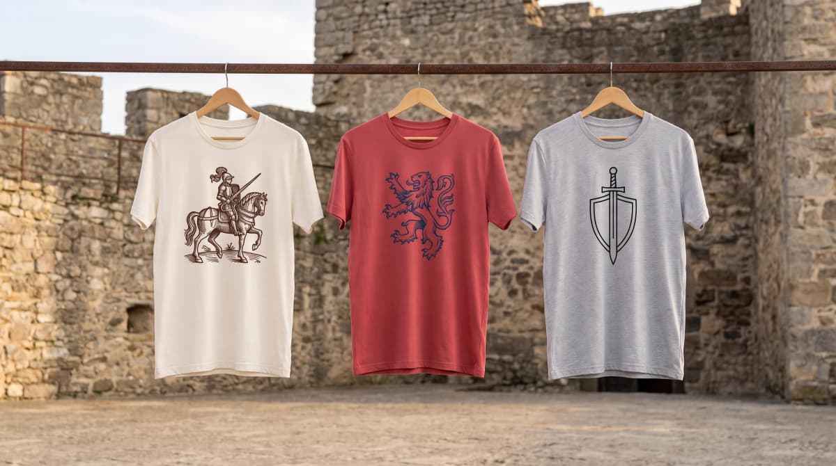Drei weiße T-Shirts mit unterschiedlichen Ritter-Motiven (Reiter, Löwenwappen, Schwert und Schild) vor einer Burgmauer