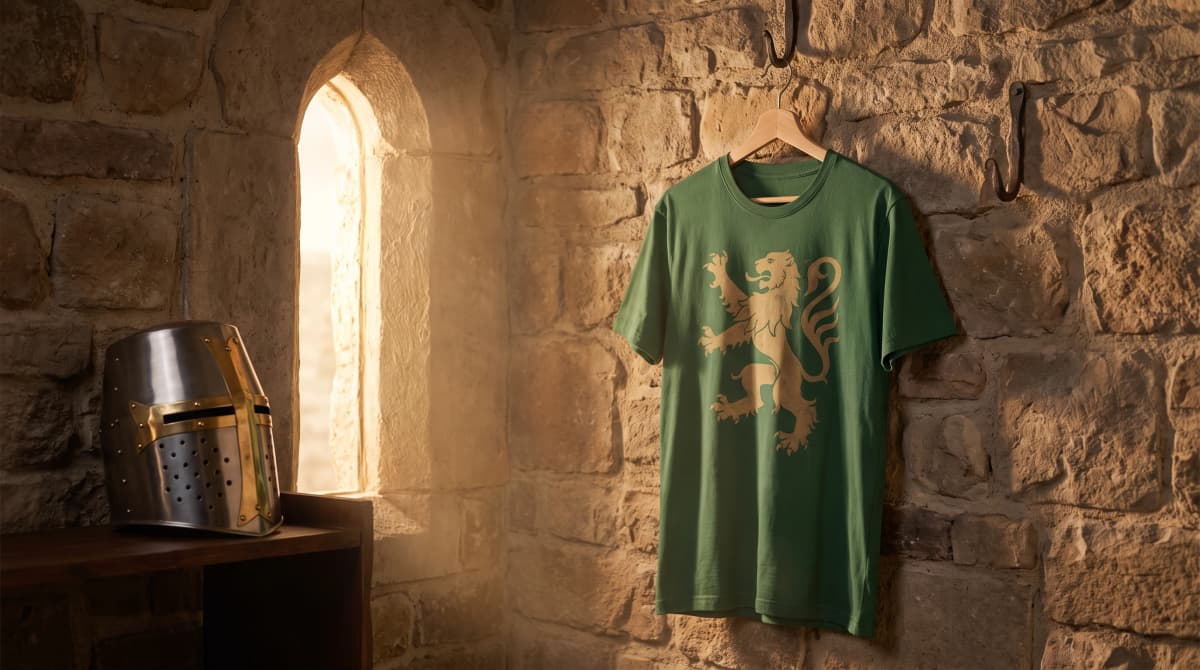Grünes Shirt mit Löwenwappen-Print am Haken an der Steinwand, daneben Ritterhelm am Burgfenster