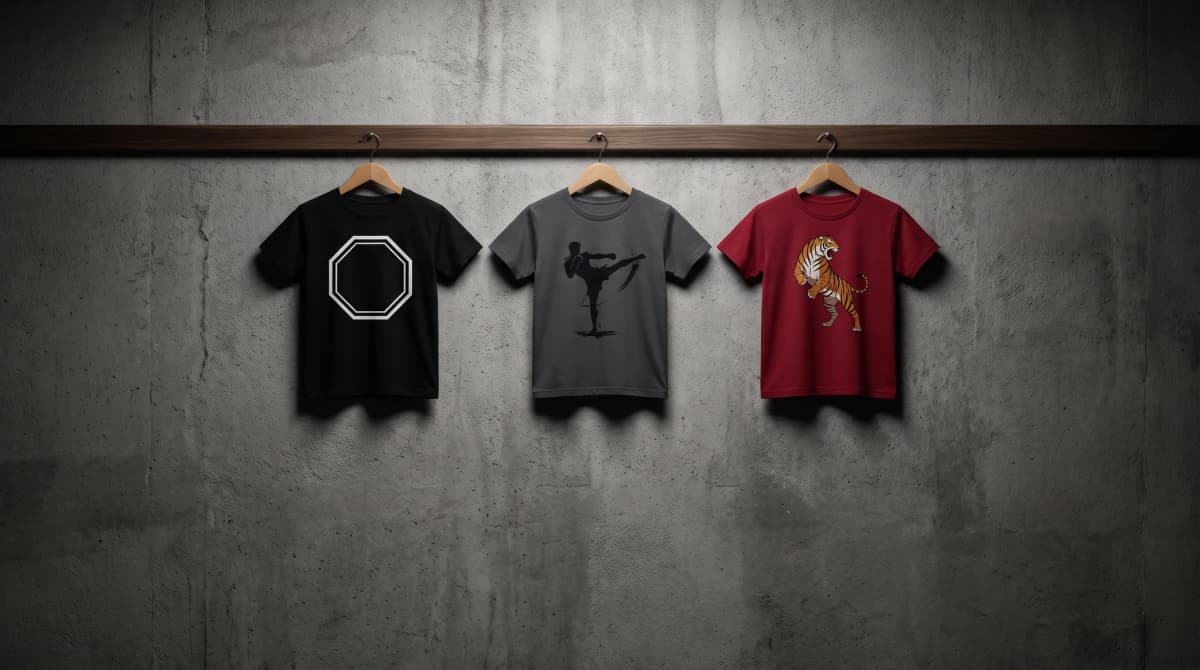 Drei dunkle T-Shirts mit unterschiedlichen Kampfsport-Motiven (Oktagon-Emblem, Kämpfer-Silhouette, Tiger) an einer Betonwand