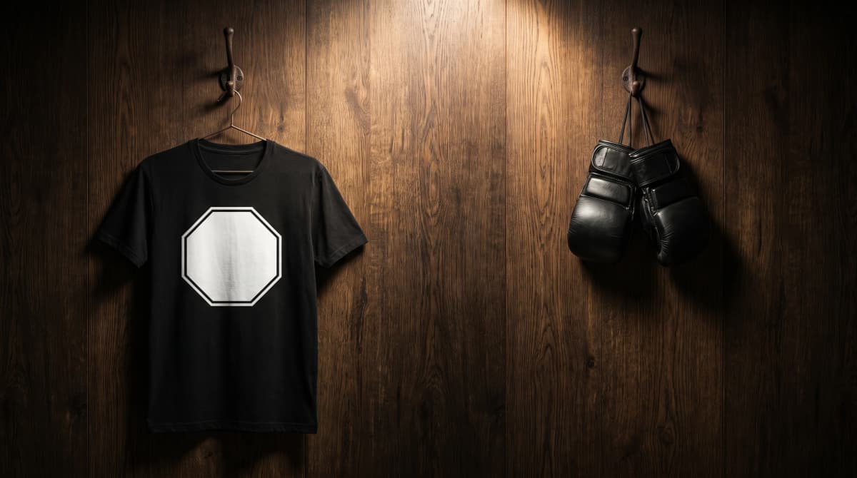 Schwarzes T-Shirt mit großem Oktagon-Print und Kampfhandschuhe an Haken vor dunkler Holzwand