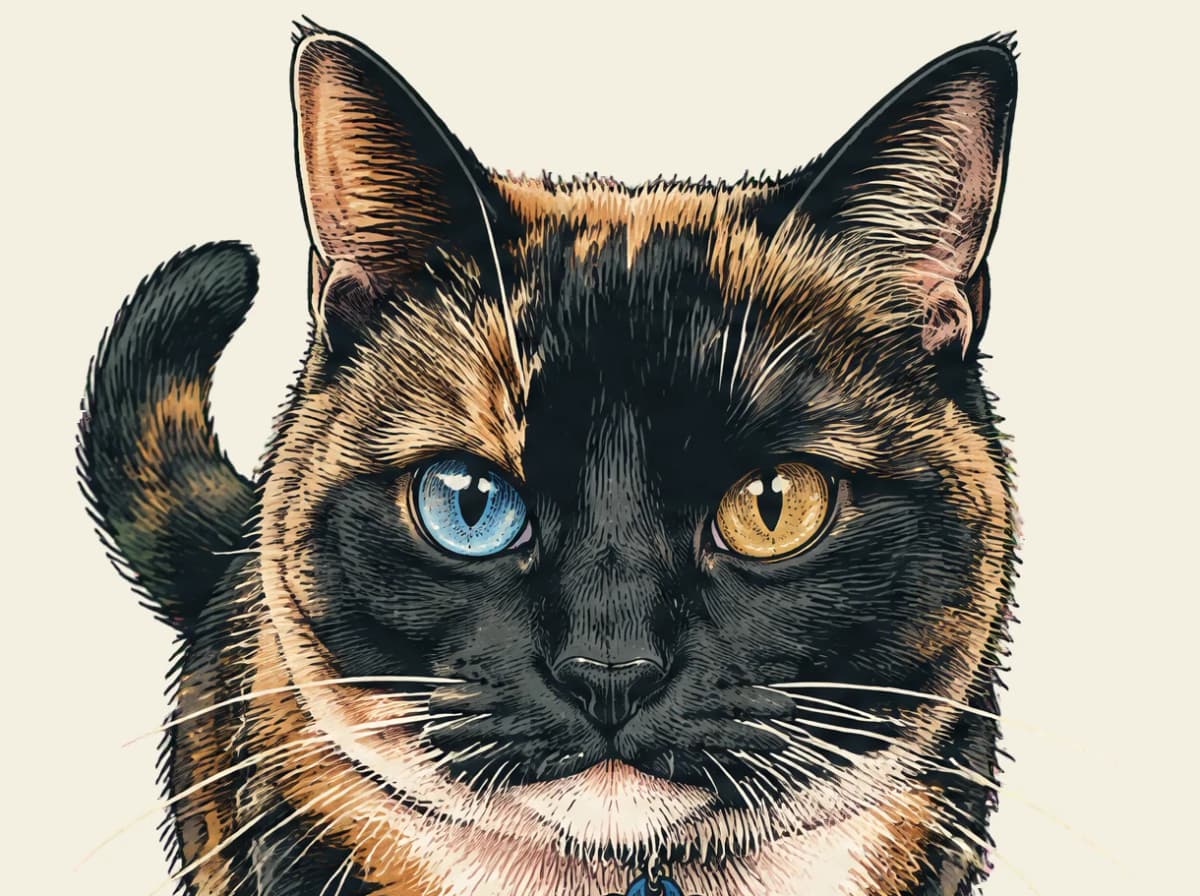 Detail of the drawing: Lotte's head with one light blue and one amber eye, finely hatched tortoiseshell fur and her raised tail behind