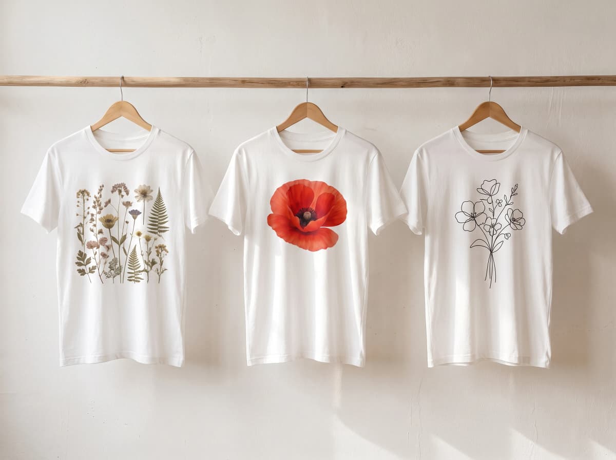 Drei helle T-Shirts mit unterschiedlichen Blumen-Motiven (botanische Tafel, große Mohnblüte, Ein-Linien-Strauß) an einer weißen Wand