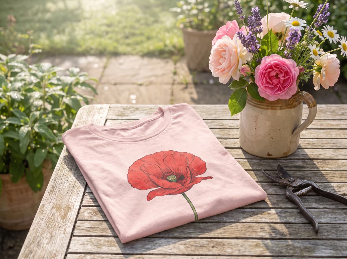 Rosafarbenes Shirt mit großem Mohnblüten-Print auf einem Gartentisch neben Blumenvase und Gartenschere