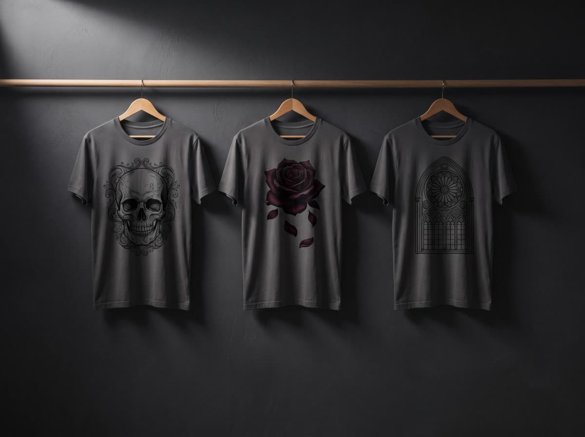 Drei dunkle T-Shirts mit unterschiedlichen Gothic-Motiven (Totenkopf-Radierung, dunkle Rose, Kathedralen-Fensterrose) an einer Wand mit Lichtstrahl