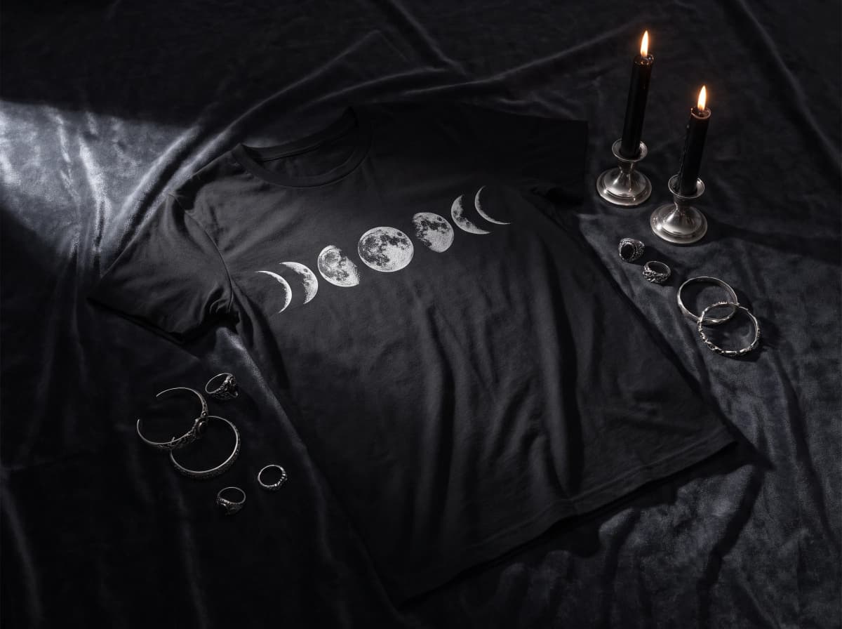 Schwarzes Shirt mit silbernem Mondphasen-Print auf dunklem Samt neben brennenden schwarzen Kerzen