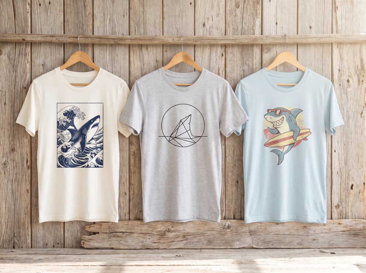 Drei helle T-Shirts mit unterschiedlichen Hai-Motiven (Holzschnitt-Welle, minimalistische Flosse, Retro-Surf-Hai) an einer Treibholzwand