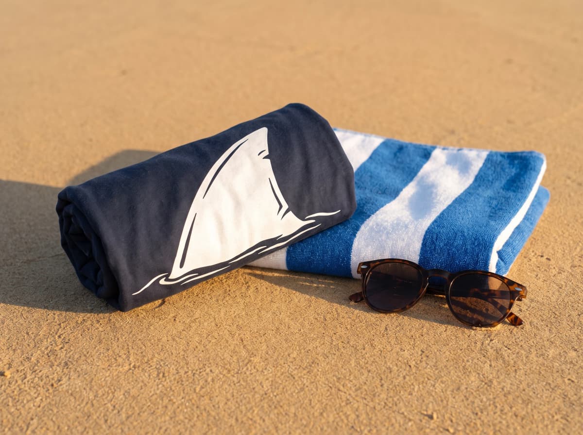 Dunkelblaues Shirt mit weißem Haiflossen-Print gerollt neben Strandtuch und Sonnenbrille im Sand