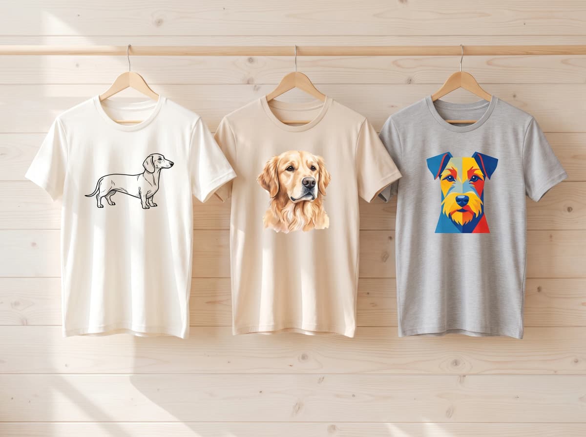 Drei helle T-Shirts mit unterschiedlichen Hunde-Motiven (Dackel-Line-Art, Aquarell-Retriever, geometrischer Terrier) an einer hellen Holzwand