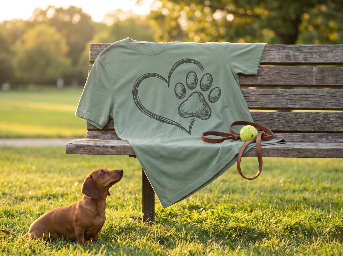 Salbeigrünes Shirt mit Pfoten-Herz-Print über einer Parkbank, ein Dackel schaut vom Gras hoch