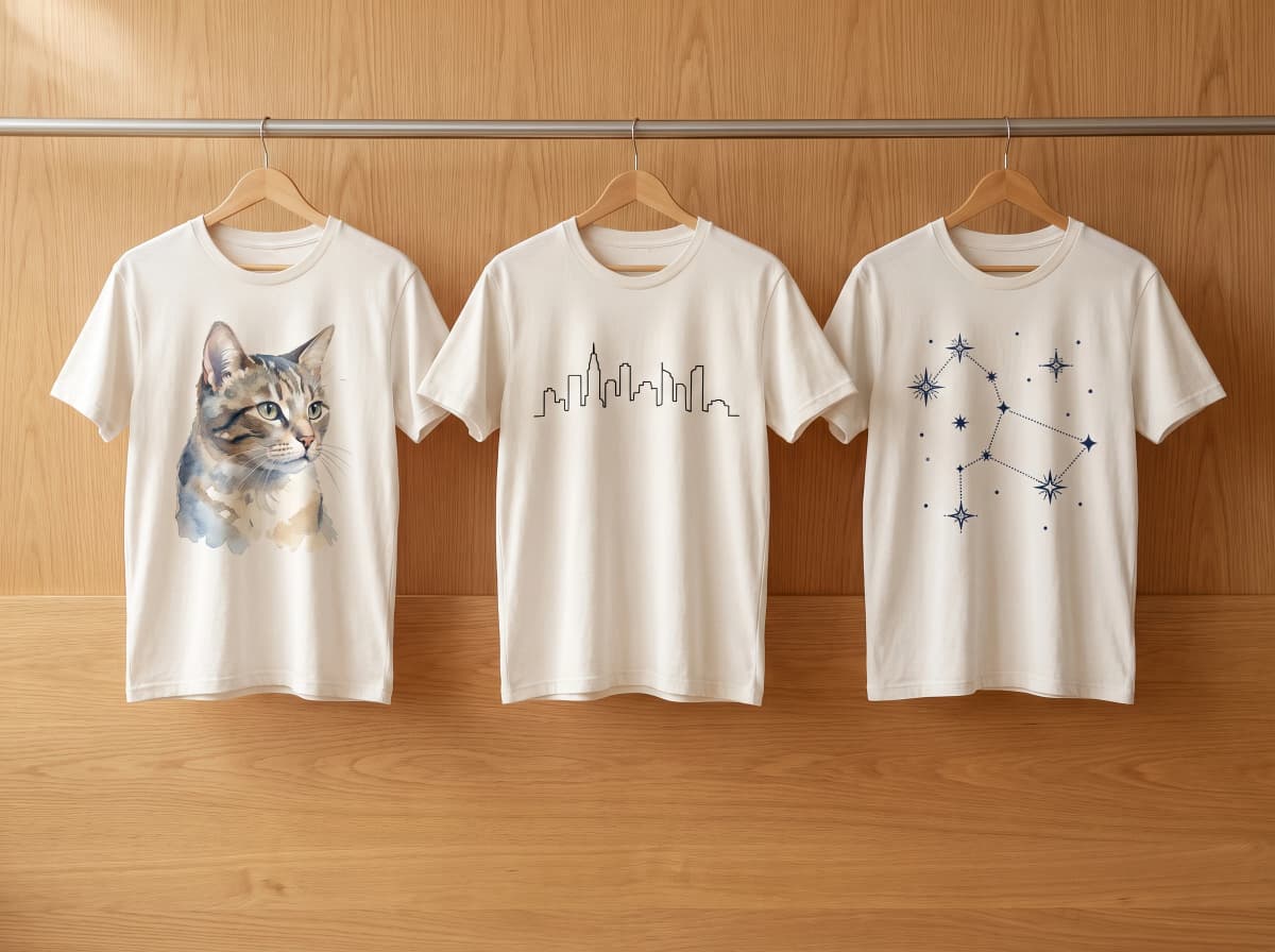 Drei T-Shirts mit unterschiedlichen persönlichen Motiven (Aquarell-Katze, Skyline-Linie, Sternbild) an einer Eichenwand