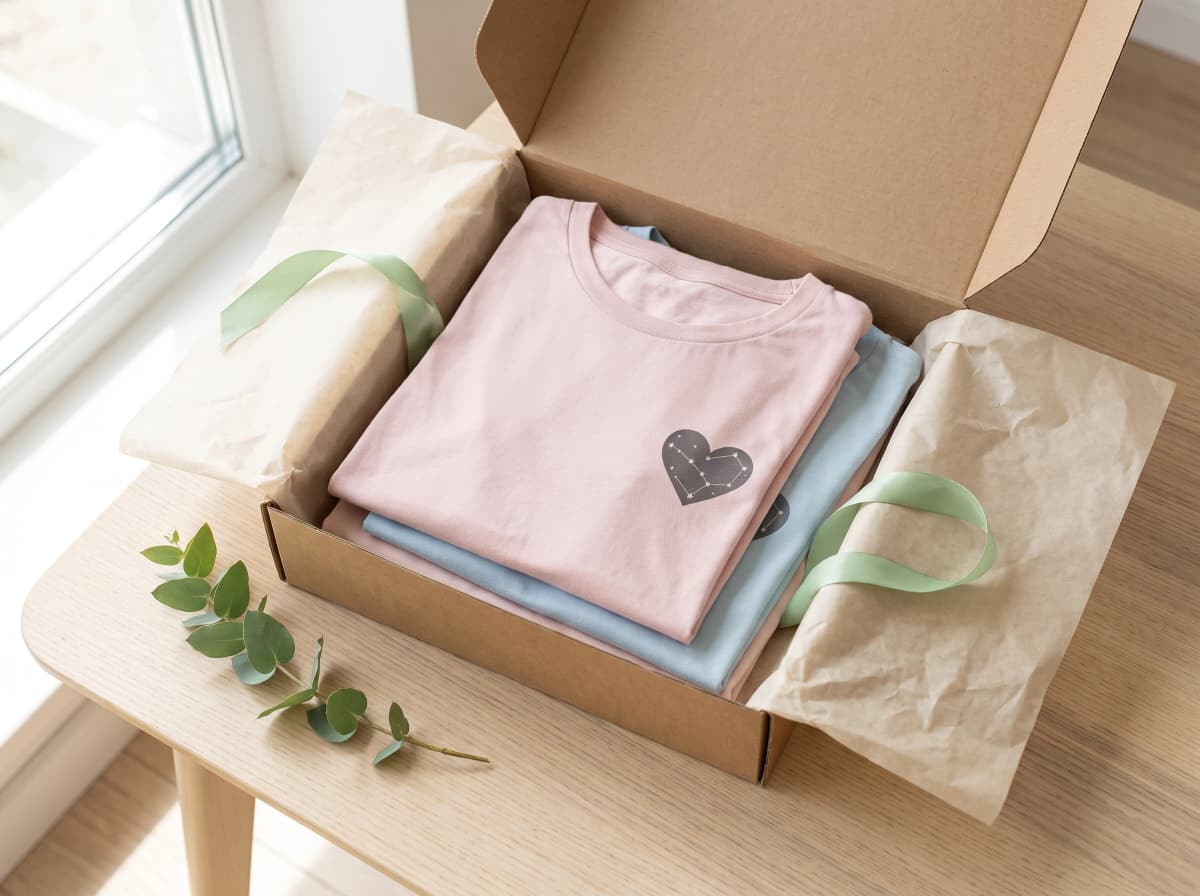 Gefaltete Pastell-Shirts mit Herz-Sternbild-Print in offener Geschenkbox mit Seidenpapier und Eukalyptus