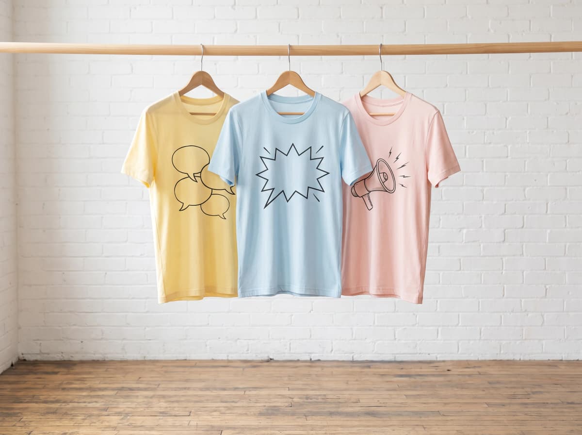 Drei helle T-Shirts mit unterschiedlichen Sprechblasen-Grafiken an einer hellen Loftwand