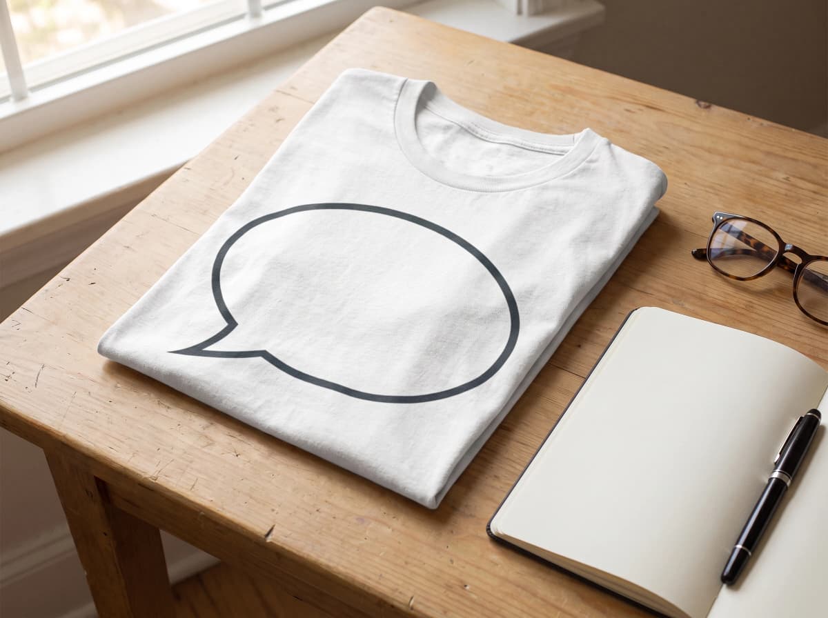 Weißes Shirt mit großem Sprechblasen-Print gefaltet auf einem Schreibtisch neben leerem Notizbuch und Füller