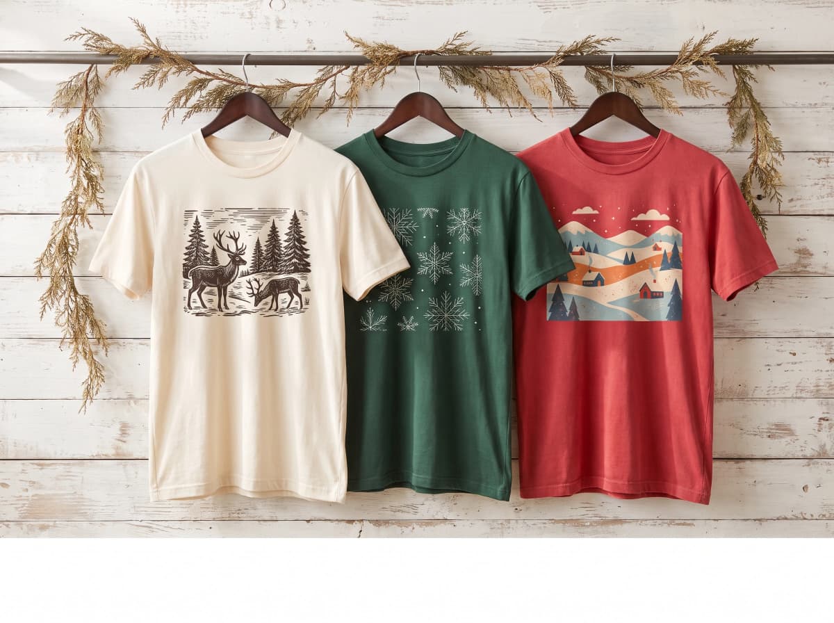 Drei T-Shirts mit unterschiedlichen Weihnachtsmotiven (Rentier, Schneeflocke, Winterlandschaft) nebeneinander an einer hellen Holzwand