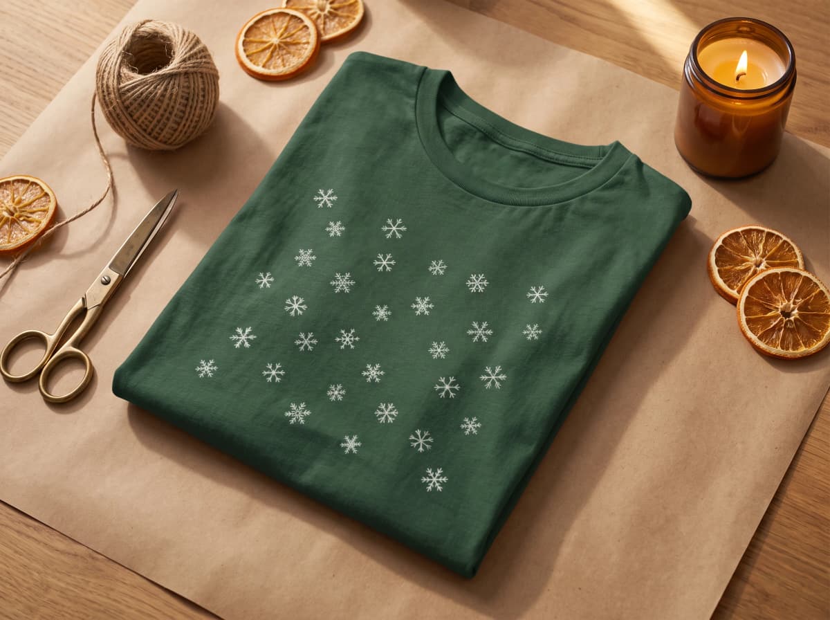 Gefaltetes grünes Shirt mit Schneeflocken-Print auf Kraftpapier mit Schere, Garn und Orangenscheiben