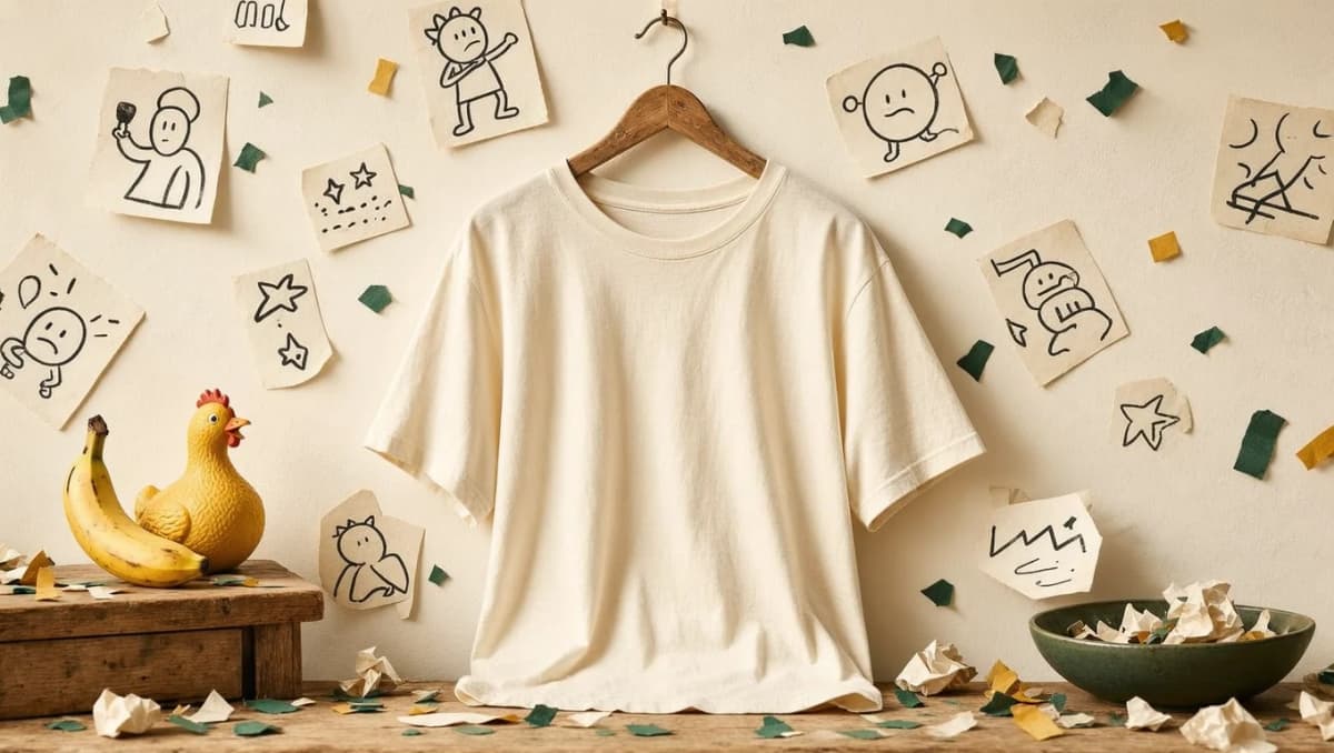 Helles T-Shirt auf Holzbügel vor einer Wand voller Comic-Kritzeleien mit Gummihuhn und Konfetti