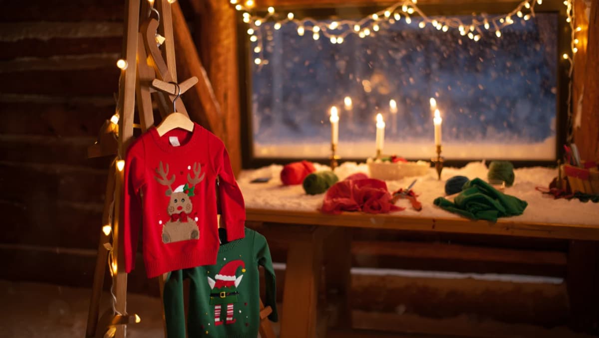 Weihnachtspullover mit Rentier und Wichtel vor verschneitem Fenster mit Kerzen und Lichterketten