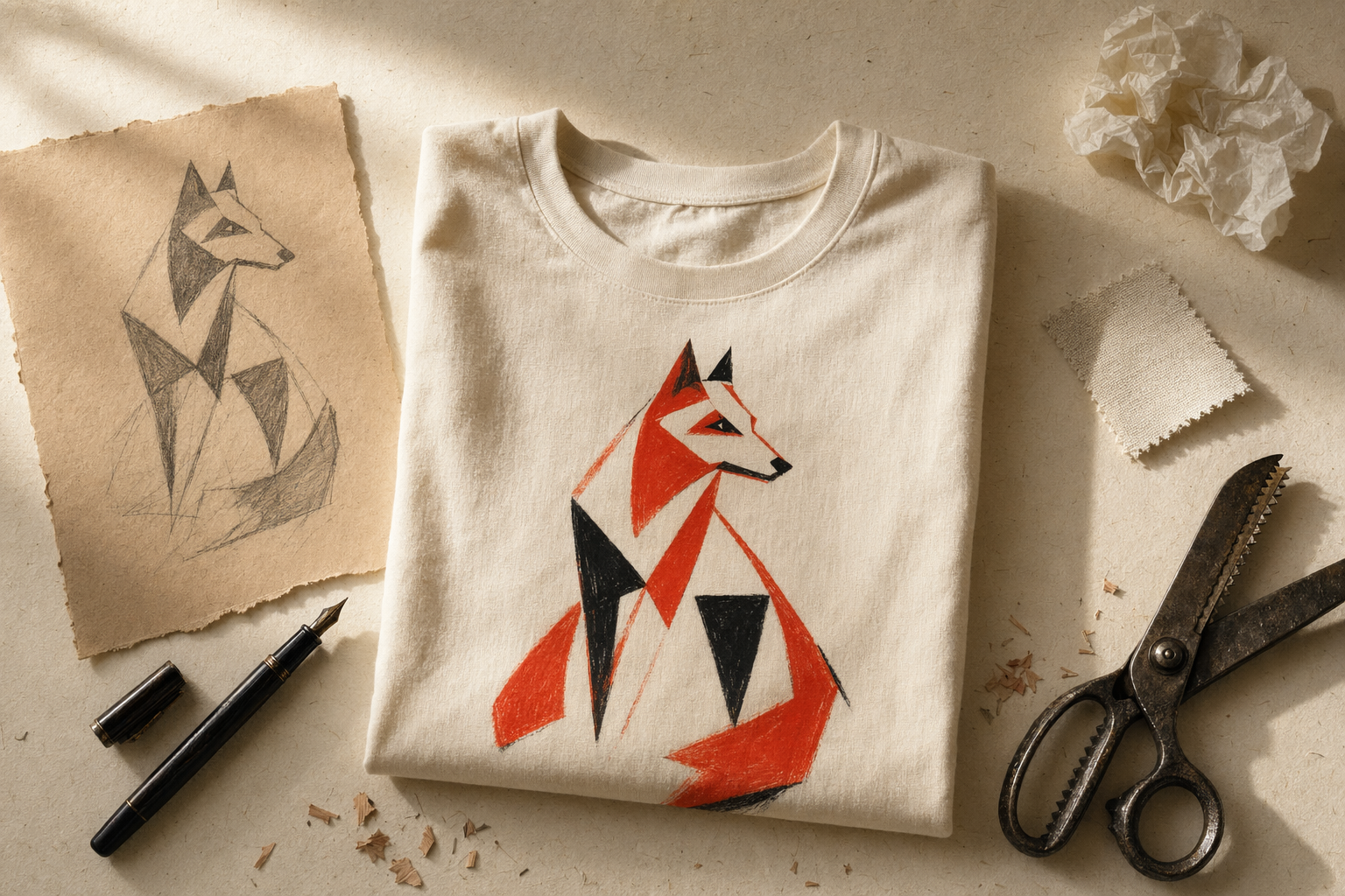 Shirt mit geometrischem Fuchs-Motiv, Skizze und Atelier-Werkzeuge